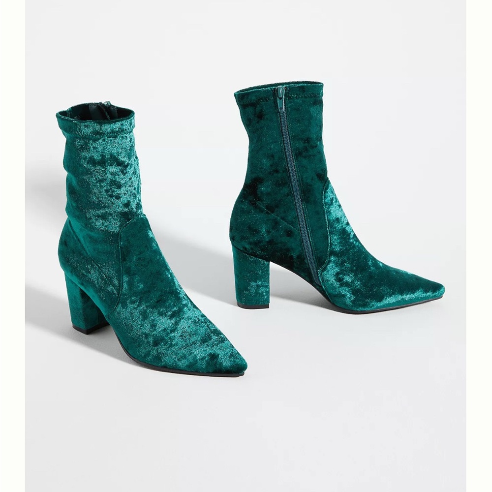 Silent D for Anthropologie Teal Blue Green 3” Crushed Velvet Booties Ankle Boots